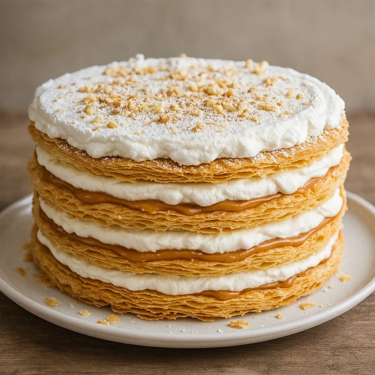 "Torta Mil Hojas Argentina con capas de hojaldre crujiente rellenas de dulce de leche y nata montada, decorada con azúcar glas y nueces."