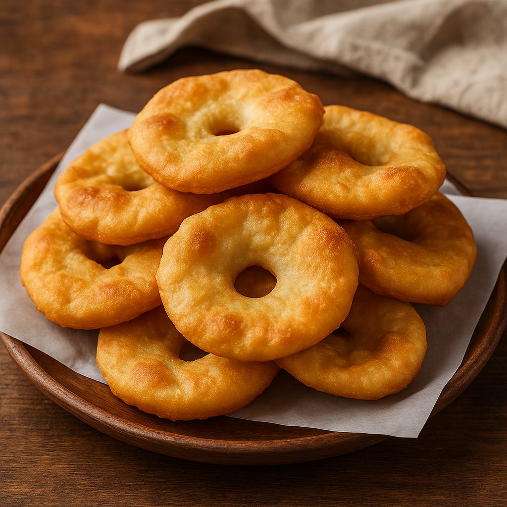 Tortas fritas argentinas caseras, doradas y crujientes, apiladas sobre un plato de madera con papel absorbente.
