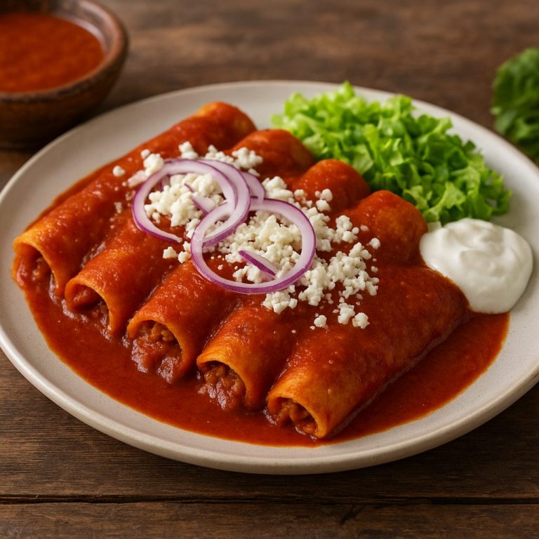 "Plato de auténticas enchiladas mexicanas bañadas en salsa roja, con queso fresco, cebolla morada, crema y lechuga."