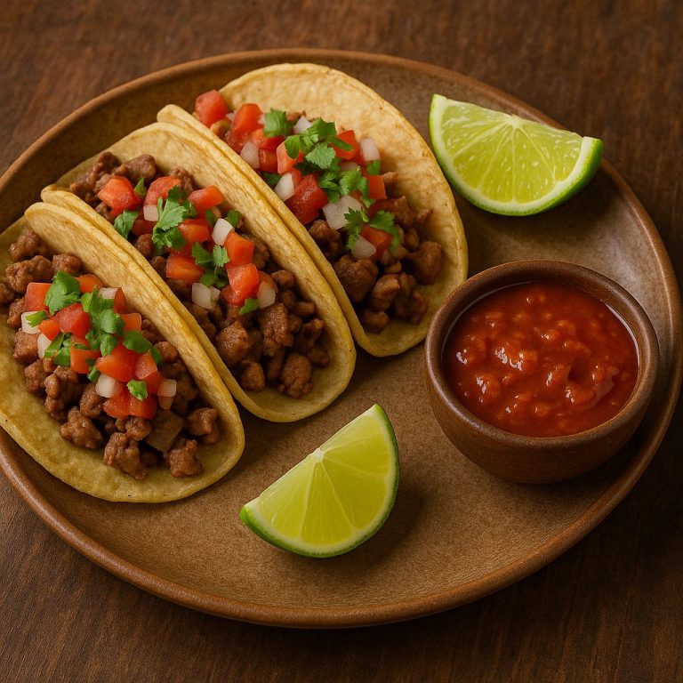 "Tacos mexicanos auténticos servidos en tortillas de maíz, rellenos de carne, cebolla, tomate, cilantro fresco y acompañados de salsa roja y rodajas de lima."